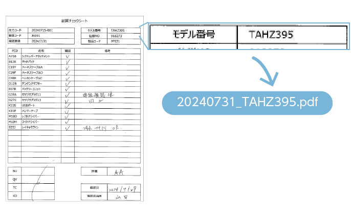 モデル番号を自動で読み取り<br>取込日付と合わせてファイル名に付与​