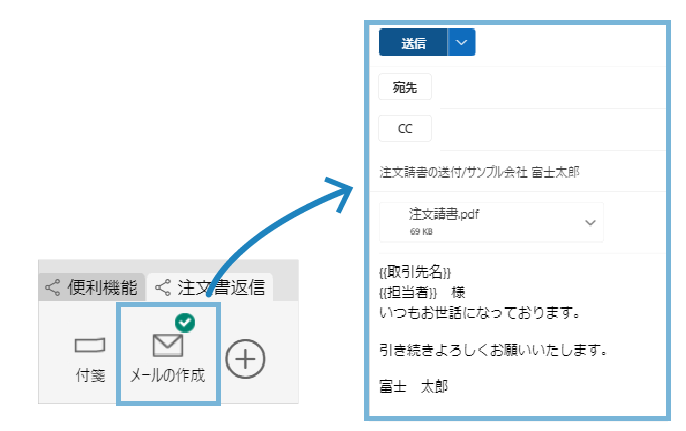 ワンクリックでメールを立ち上げ、すぐにファイル送信