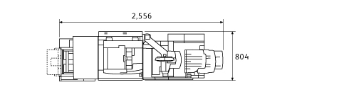 D95 オプションの大容量給紙トレイ(2段)、中とじフィニッシャーD4、紙折りユニットD4装着時。上面図。