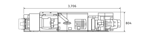 D95 オプションの大容量給紙トレイ(2段)、インターフェースモジュール、大容量スタッカー、中とじフィニッシャーD4、紙折りユニットD4装着時。上面図。