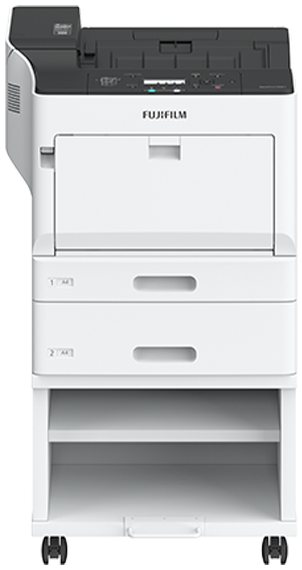 ApeosPrint C3560 S。本体にオプションのトレイモジュールと専用キャビネット装着イメージ。