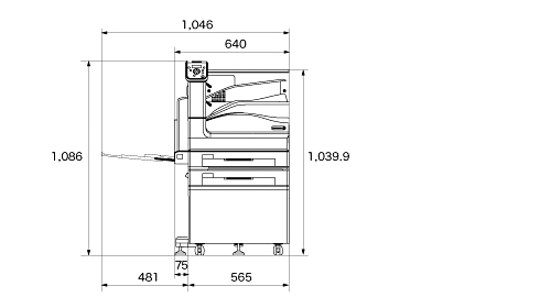 DocuPrint C5000 d 正面図 本体＋1トレイモジュール＋専用キャビネット＋インナー排出トレイ設置時。