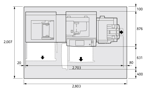 上面図 大容量給紙トレイC1-DS(オプション)＋中とじフィニッシャーC2(オプション)装着時