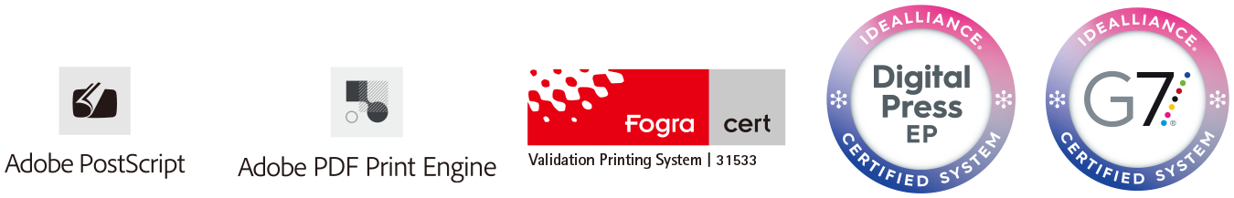 Adobe PostScript、Adobe PDF Print Engine、Fogra cert、Digital Press EP、G7ロゴ
