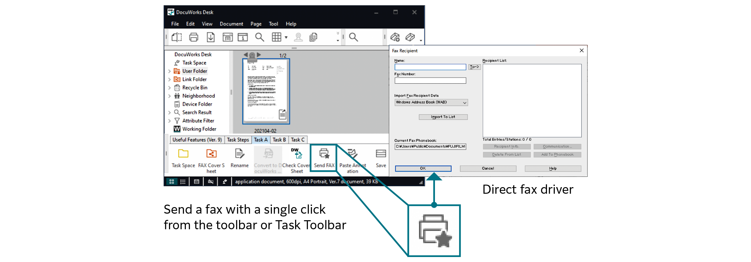 Send a fax directly from DocuWorks