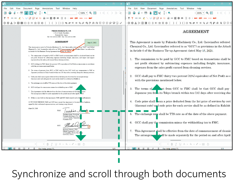 Synchronize and scroll through both documents