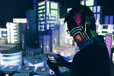 A man using a smartphone to interact with a futuristic digital cityscape.