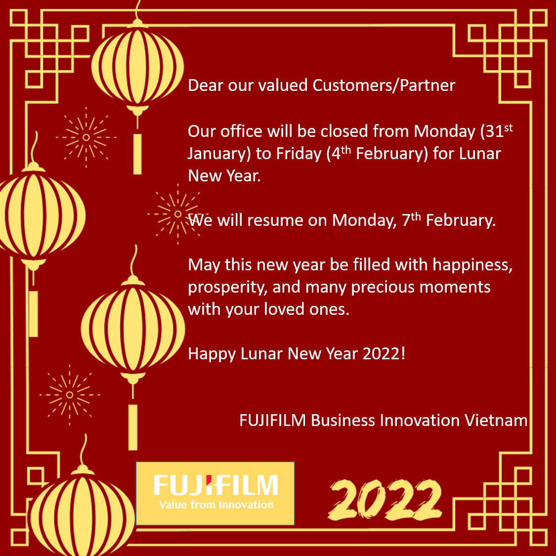 Office closed on Lunar New Year | FUJIFILM Business Innovation | Vietnam